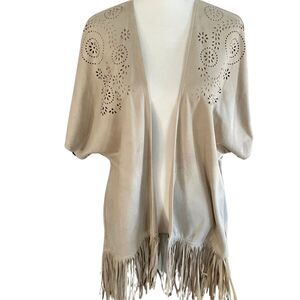 Alya Tan Floral Cut Out Faux Suede Open Cardigan Sz S, Fringe Western Rodeo Boho
